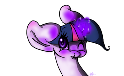 Size: 900x554 | Tagged: safe, artist:lerainbowturtle, derpibooru import, twilight sparkle, pony, unicorn, bust, female, magic, mare, one eye closed, signature, simple background, smiling, solo, white background, wink