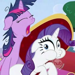 Size: 456x456 | Tagged: safe, derpibooru import, screencap, rarity, twilight sparkle, pony, unicorn, faic, hub logo, out of context, puffy cheeks, wat