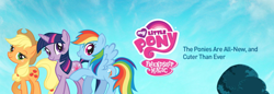 Size: 2326x798 | Tagged: safe, derpibooru import, applejack, rainbow dash, twilight sparkle, earth pony, pegasus, pony, 2010, applejack's hat, cardboard twilight, cowboy hat, female, hat, hubworld, hubworld.com, my little pony logo, official, pony history, start of ponies, stock vector, text