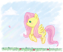 Size: 1000x835 | Tagged: safe, artist:erysz, fluttershy, butterfly, pegasus, pony, cloud, cloudy, cute, flying, meadow, solo