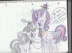 Size: 500x365 | Tagged: safe, derpibooru import, twilight sparkle, twilight sparkle (alicorn), oc, oc:princess twila, alicorn, pony, brush, female, hairbrush, levitation, lined paper, magic, mare, mother and child, mother and daughter, notebook, offspring, parent and child, parent:prince blueblood, parent:twilight sparkle, parents:twiblood, speech bubble, telekinesis, traditional art, tumblr