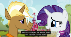 Size: 1600x830 | Tagged: safe, screencap, rarity, trenderhoof, pony, unicorn, simple ways, africa, hub logo, meme, sweet apple acres, youtube caption