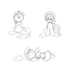 Size: 3600x3600 | Tagged: safe, artist:tsitra, derpibooru import, applejack, rainbow dash, twilight sparkle, earth pony, pegasus, pony, laughing, monochrome, on back, simple background, white background