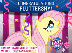 Size: 401x296 | Tagged: safe, fluttershy, pegasus, pony, best pony, confetti, fan favorite, fan favorite poll, female, official, open mouth, solo, spread wings, text, the hub, wings