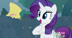 Size: 1152x609 | Tagged: safe, screencap, rarity, pony, unicorn, simple ways, hub logo, meme, youtube caption