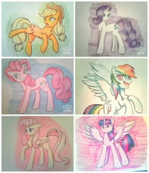 Size: 1019x1184 | Tagged: safe, artist:ponime11, derpibooru import, applejack, fluttershy, pinkie pie, rainbow dash, rarity, twilight sparkle, twilight sparkle (alicorn), alicorn, earth pony, pegasus, pony, unicorn, mane six, spread wings, traditional art, wings