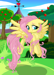 Size: 714x1000 | Tagged: safe, artist:pauuhanthothecat, fluttershy, pegasus, pony, apple tree, chest fluff, solo, tree