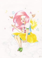 Size: 1628x2271 | Tagged: safe, artist:daisken, fluttershy, human, humanized, singing, solo, traditional art, winged humanization