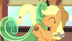 Size: 1067x600 | Tagged: safe, applejack, earth pony, pony, just for sidekicks, candor, cutie mark, divergent, eyes closed, hub logo, solo