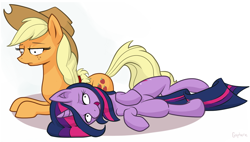 Size: 1176x668 | Tagged: safe, artist:gsphere, applejack, twilight sparkle, earth pony, pony, female, mare, stoned