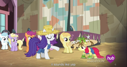 Size: 1152x609 | Tagged: safe, screencap, apple bloom, dinky hooves, noi, rarity, scootaloo, sweetie belle, pony, unicorn, simple ways, hub logo, meme, rarihick, youtube caption