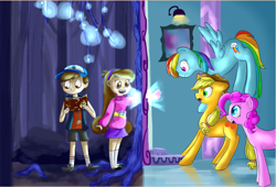 Size: 1024x695 | Tagged: safe, artist:blossombonyumyum, derpibooru import, applejack, pinkie pie, rainbow dash, earth pony, pegasus, pony, crossover, dipper pines, gravity falls, journal #3, mabel pines