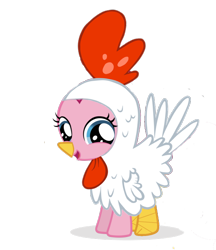 Size: 600x696 | Tagged: safe, artist:realasky, pinkie pie, chicken, earth pony, pony, animal costume, chicken pie, chicken suit, clothes, costume, cute, diapinkes, filly, looking at you, nightmare night, open mouth, simple background, smiling, solo, transparent background