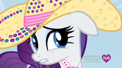 Size: 854x475 | Tagged: safe, screencap, rarity, pony, unicorn, simple ways, cute, female, floppy ears, frown, gritted teeth, hat, hub logo, mare, raribetes, rhinestone rarihick, sad, solo