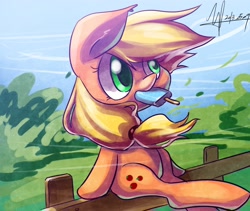 Size: 2378x2009 | Tagged: dead source, safe, artist:jggjqm522, applejack, earth pony, pony, breeze, cute, fence, food, ice cream, jackabetes, popsicle, sea salt ice cream, sitting, solo, wind, windswept mane