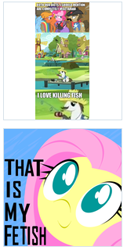 Size: 162x320 | Tagged: safe, fluttershy, hondo flanks, little strongheart, pinkie pie, buffalo, earth pony, pegasus, pony, exploitable meme, fetish, fishing, juxtaposition, juxtaposition win, lowres, meme, meta, picture for breezies, saloon dress, saloon pinkie, text, that is my fetish, too small didn't read