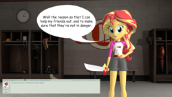 Size: 3612x2032 | Tagged: safe, artist:razethebeast, sunset shimmer, equestria girls, legend of everfree, 3d, clothes, dialogue, looking at you, shorts, smiling, solo, source filmmaker, speech bubble, sword, weapon