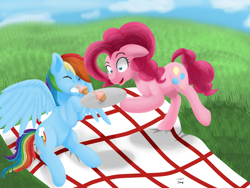 Size: 1280x960 | Tagged: safe, artist:bleuey, derpibooru import, pinkie pie, rainbow dash, earth pony, pegasus, pony, duo, food, muffin, picnic, picnic blanket