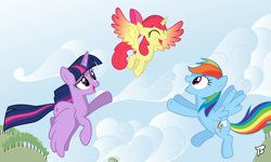 Size: 4000x2400 | Tagged: safe, artist:bepreeh, artist:brony250, derpibooru import, apple bloom, rainbow dash, twilight sparkle, twilight sparkle (alicorn), alicorn, pony, alicornified, bloomicorn, flying, flying lesson, race swap