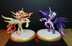 Size: 2284x1463 | Tagged: safe, artist:viistar, midnight sparkle, sci-twi, sunset shimmer, twilight sparkle, alicorn, pony, equestria girls, friendship games, alicornified, daydream shimmer, equestria girls ponified, ponified, race swap, sculpture, shimmercorn, traditional art, transformation, wings