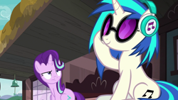 Size: 1280x720 | Tagged: safe, screencap, dj pon-3, starlight glimmer, vinyl scratch, pony, unicorn, uncommon bond, duo, headphones