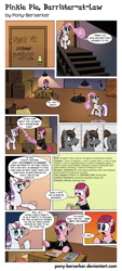 Size: 1180x2612 | Tagged: safe, artist:pony-berserker, pinkie pie, thunderlane, twilight velvet, oc, oc:incognito, earth pony, pony, basement, box, comic, criminal, lawyer, muffin, newspaper, pinkie pie: barrister-at-law