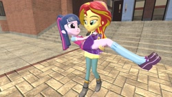 Size: 1360x768 | Tagged: safe, artist:mk513, sci-twi, sunset shimmer, twilight sparkle, equestria girls, 3d, bedroom eyes, carrying, clothes, courtyard, female, gmod, leather jacket, lesbian, pants, school, scitwishimmer, shipping, skirt, sunsetsparkle
