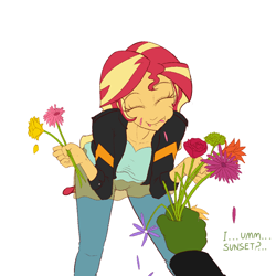 Size: 1000x1000 | Tagged: safe, artist:janji009, sunset shimmer, oc, oc:anon, human, equestria girls, clothes, cute, dialogue, duo, eating, eyes closed, female, flower, homesick shimmer, horses doing horse things, humans doing horse things, jacket, pants, shimmerbetes, simple background, sunset wants her old digestive system back, white background