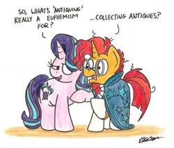 Size: 1616x1378 | Tagged: safe, artist:bobthedalek, starlight glimmer, sunburst, pony, unicorn, uncommon bond, dialogue, duo, euphemism, implied starburst, lidded eyes, looking at each other, nudge, oblivious, raised hoof, simple background, smiling, traditional art, white background