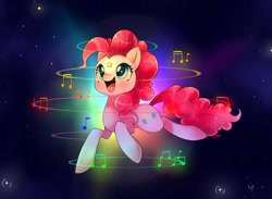 Size: 1024x751 | Tagged: safe, artist:pegasisters82, pinkie pie, earth pony, pony, female, mare, music notes, pink coat, pink mane, solo