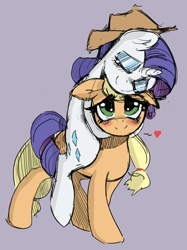 Size: 702x940 | Tagged: safe, artist:allosaurus, artist:mewball, applejack, rarity, earth pony, pony, unicorn, accessory swap, blushing, eyes closed, female, hat, heart, lesbian, mare, piggyback ride, ponies riding ponies, purple background, rarijack, shipping, simple background, smiling, the hat