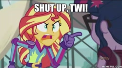 Size: 600x337 | Tagged: safe, edit, edited screencap, screencap, sci-twi, sunset shimmer, twilight sparkle, equestria girls, angry, exploitable meme, family guy, image macro, meg griffin, meme, peter griffin, sunset yells at twilight