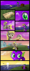 Size: 2480x5906 | Tagged: safe, artist:seer45, derpy hooves, spike, dragon, pegasus, pony, comic, exclamation point, female, good end, letter, mare, pointing, question mark, smiling, suitcase, sun, sunrise, underhoof