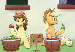 Size: 1000x700 | Tagged: safe, artist:goat train, applejack, oc, oc:pear blossom, earth pony, pony, apple, cute, eating, heartwarming in hindsight, pear