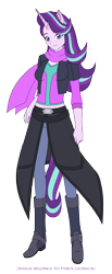 Size: 1252x3053 | Tagged: safe, artist:pyrus-leonidas, starlight glimmer, human, unicorn, breasts, clothes, eared humanization, female, horned humanization, humanized, legends of equestria, looking at you, mare, scarf, simple background, smiling, solo, tailed humanization, transparent background