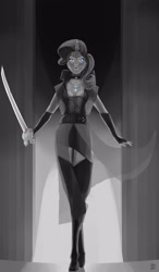 Size: 1851x3159 | Tagged: safe, artist:polyle, rarity, human, grayscale, humanized, monochrome, neo noir, partial color, sword, weapon