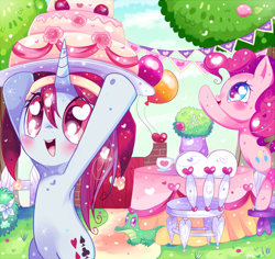 Size: 900x850 | Tagged: safe, artist:ipun, gummy, pinkie pie, oc, pony, unicorn, balloon, bipedal, cake, chair, party