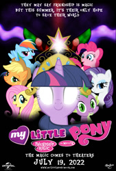 Size: 712x1054 | Tagged: safe, artist:dinnerblaster9000, derpibooru import, applejack, fluttershy, king sombra, pinkie pie, rainbow dash, rarity, spike, twilight sparkle, dragon, earth pony, pegasus, pony, unicorn, drama, equestria girls drama, fake, glowing eyes, hilarious in hindsight, mane seven, mane six, movie poster, my little pony logo, poster, stock vector