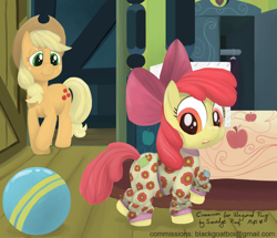 Size: 1000x859 | Tagged: safe, artist:smudge proof, apple bloom, applejack, earth pony, pony, bedroom, clothes, commission, female, filly, mare, pajamas, sisters