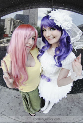 Size: 469x700 | Tagged: safe, fluttershy, rarity, human, a-kon, cosplay, irl, irl human, photo