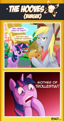 Size: 600x1140 | Tagged: safe, artist:ciberman001, derpy hooves, twilight sparkle, pegasus, pony, bacon, burger, comic, eating, female, food, hamburger, mare, open mouth, ponies eating meat, wide eyes