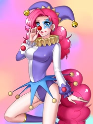 Size: 600x800 | Tagged: safe, artist:apzzang, pinkie pie, human, breasts, clothes, clown, clown nose, costume, female, humanized, light skin, makeup, pinkie pies, ponyacci, ruff (clothing), solo, tailed humanization