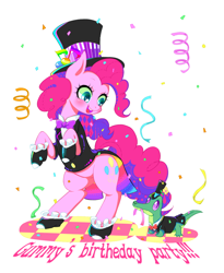 Size: 900x1100 | Tagged: safe, artist:yuzuko, gummy, pinkie pie, earth pony, pony, party of one, bowtie, clothes, confetti, cute, diapinkes, duo, engrish, happy birthday, hat, misspelling, pet, pixiv, spats, top hat, tuxedo