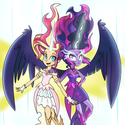 Size: 1024x1023 | Tagged: safe, artist:wubcakeva, midnight sparkle, sci-twi, sunset shimmer, twilight sparkle, equestria girls, friendship games, bare shoulders, clothes, cute, daydream shimmer, dress, evil, fingerless gloves, gloves, good, happy, open mouth, shimmerbetes, sleeveless, strapless, unamused