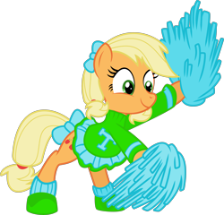 Size: 6262x6000 | Tagged: safe, artist:yetioner, applejack, earth pony, pony, absurd resolution, alternate hairstyle, bow, cheerleader, clothes, pom pom, simple background, solo, transparent background, vector