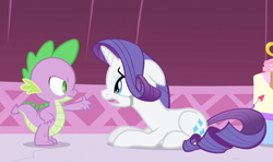 Size: 1102x652 | Tagged: safe, screencap, rarity, spike, dragon, pony, unicorn, simple ways, crying