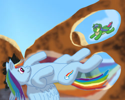 Size: 1500x1200 | Tagged: safe, derpibooru import, rainbow dash, oc, oc:cirrus summits, pegasus, pony, arch, desert, flying, race