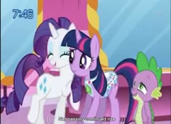 Size: 641x466 | Tagged: safe, derpibooru import, screencap, rarity, spike, twilight sparkle, dragon, pony, unicorn, friendship is magic, gem saddle twilight, youtube caption