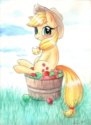 Size: 638x878 | Tagged: safe, artist:prettypinkpony, applejack, earth pony, pony, apple, barrel, looking at you, sitting, solo