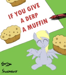 Size: 838x956 | Tagged: safe, artist:cyrix-s, derpy hooves, pegasus, pony, female, if you give a moose a muffin, mare, muffin, solo